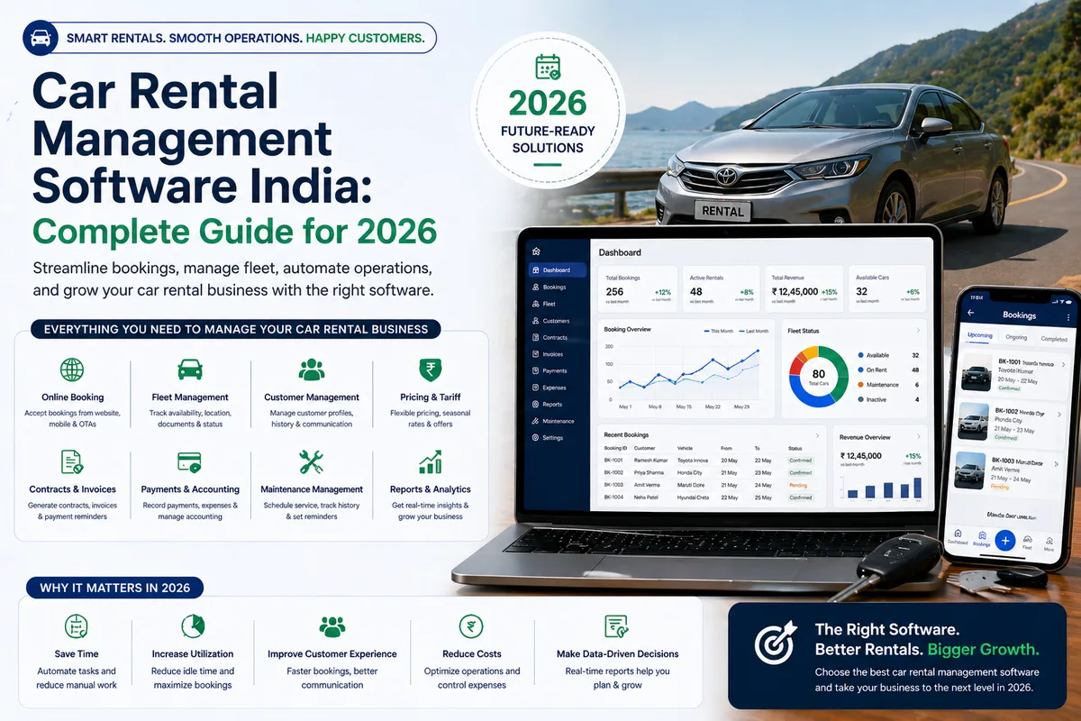 Car rental management software dashboard showing vehicle availability, booking calendar, and GPS tracking for Indian operators