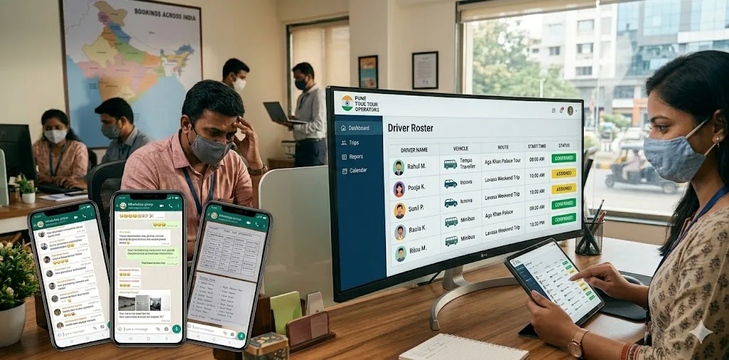 Driver scheduling software showing automated roster calendar, driver availability management, and trip assignment workflow for Indian tour fleet