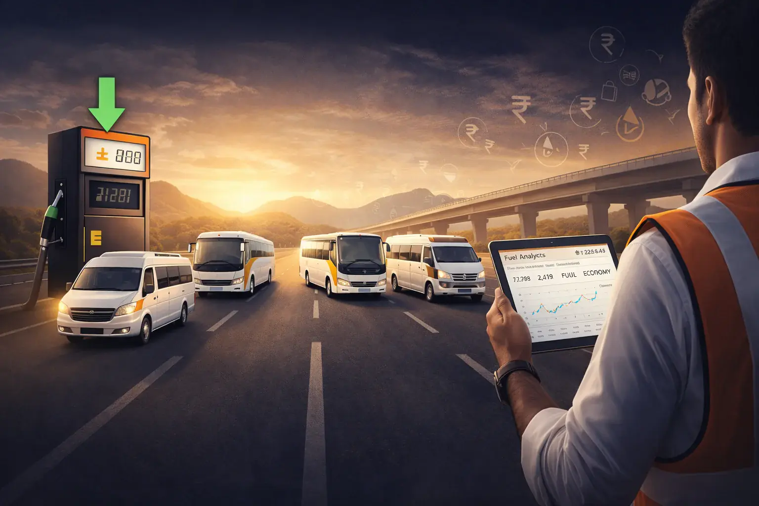 Fleet fuel cost monitoring dashboard for Indian tour operator showing GPS-verified mileage and expense tracking