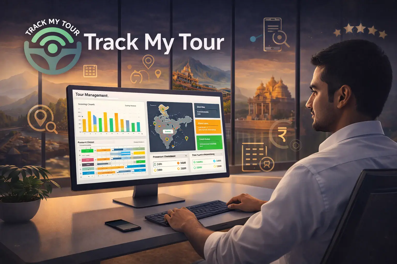 Tour operator software dashboard showing trip bookings, vehicle assignments, and driver management for Indian travel business