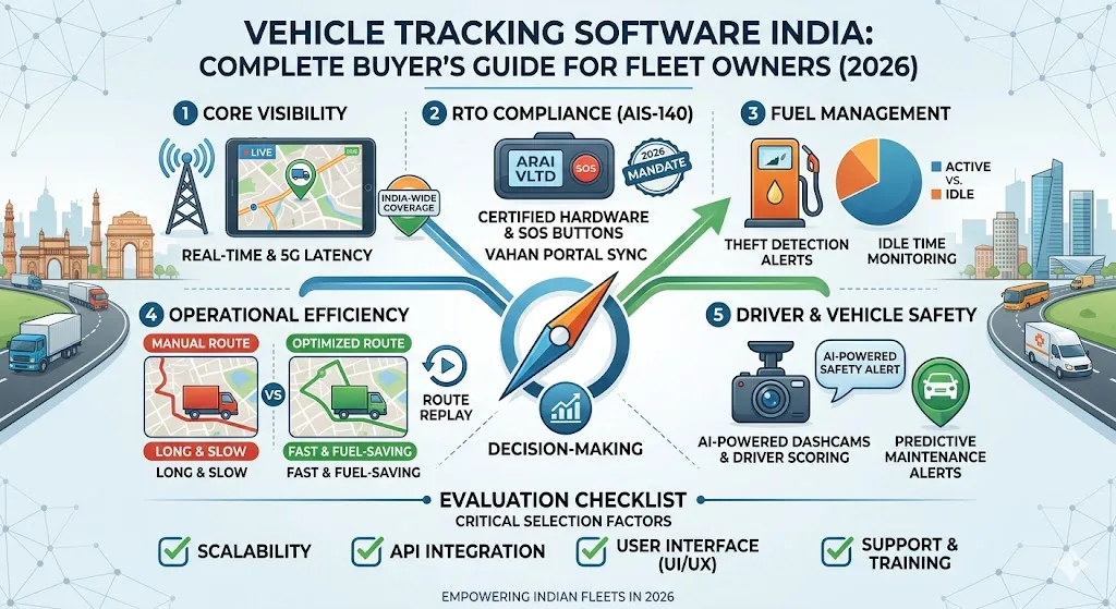 Vehicle tracking software dashboard showing live fleet locations on India map for tour operators and fleet owners